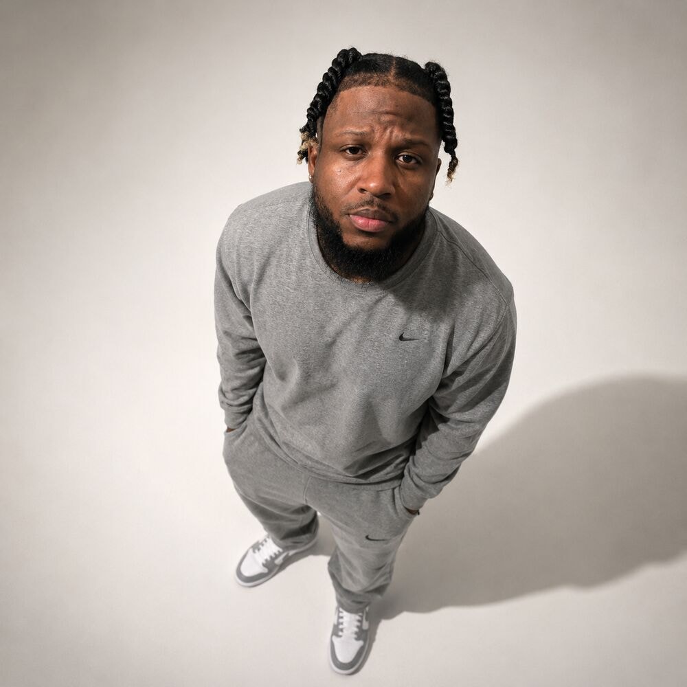 Kee standing, shot from above, grey sweatsuit, looking straight into the lens